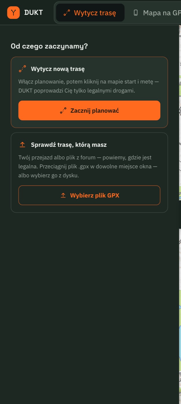Panel startowy z kartami „Wytycz nową trasę” i „Sprawdź trasę, którą masz” (wybór pliku GPX).
