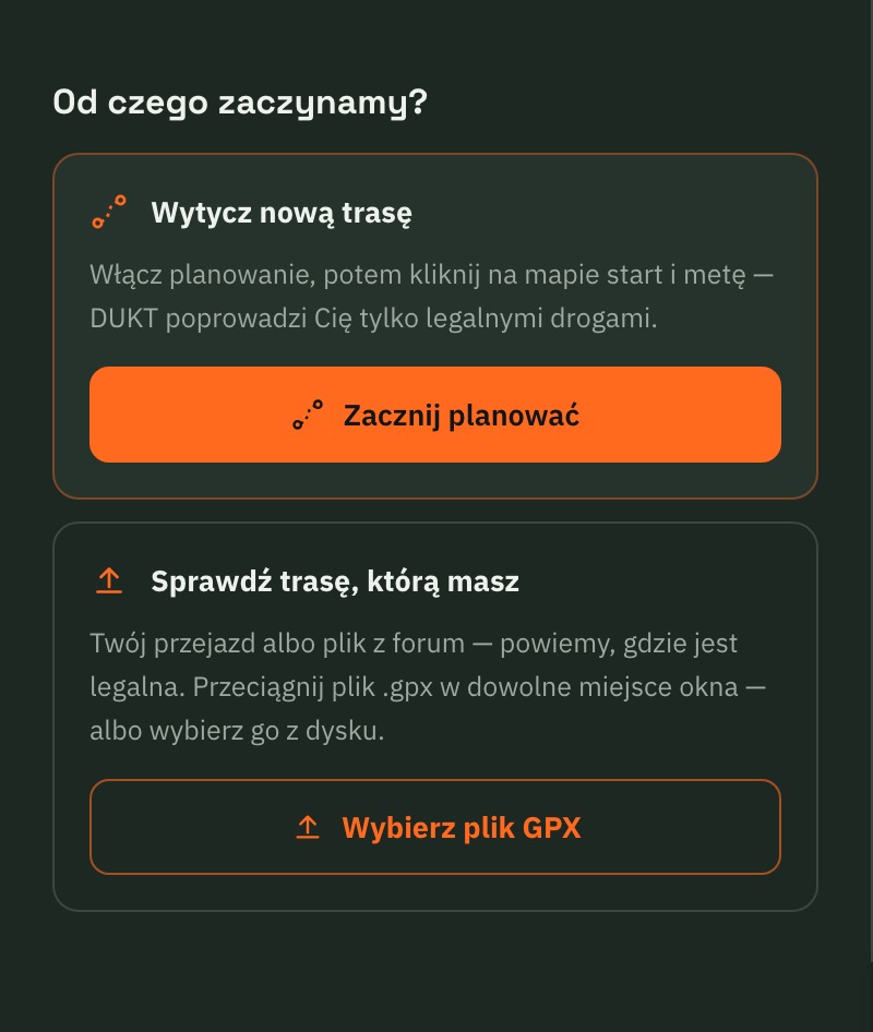 Panel startowy z kartami „Wytycz nową trasę” i „Sprawdź trasę, którą masz” (wybór pliku GPX).