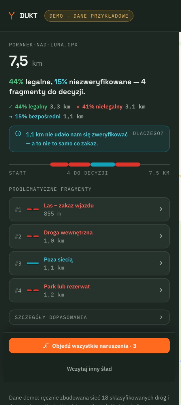 Ekran werdyktu importu — procent legalnych odcinków, pasek i lista problematycznych fragmentów.