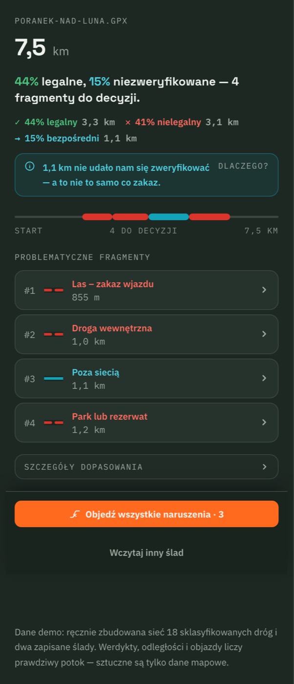 Ekran werdyktu importu — procent legalnych odcinków, pasek i lista problematycznych fragmentów.