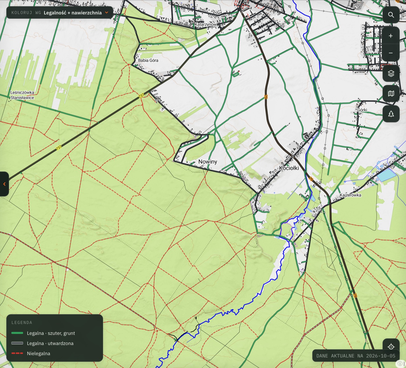 Mapa DUKT — sieć dróg pokolorowana według legalności: zielone legalne, czerwone przerywane nielegalne.
