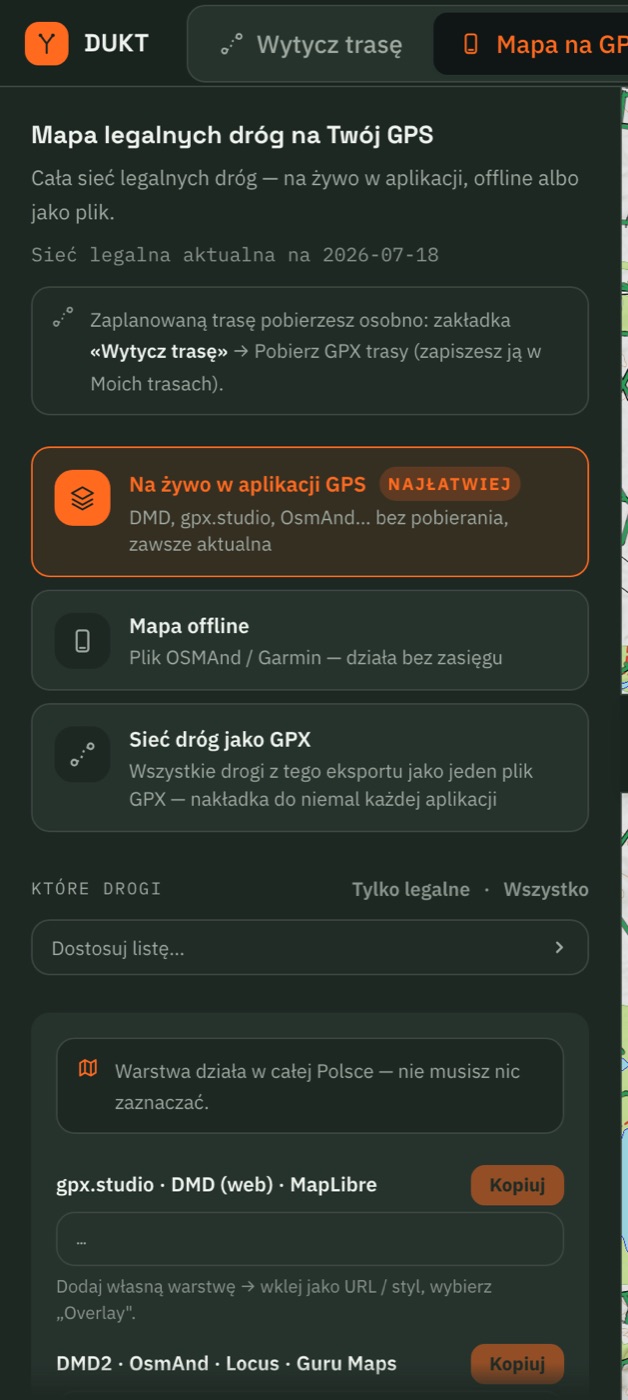 Zakładka Mapa na GPS z metodą „Na żywo w aplikacji GPS” i dwoma blokami adresów do skopiowania.