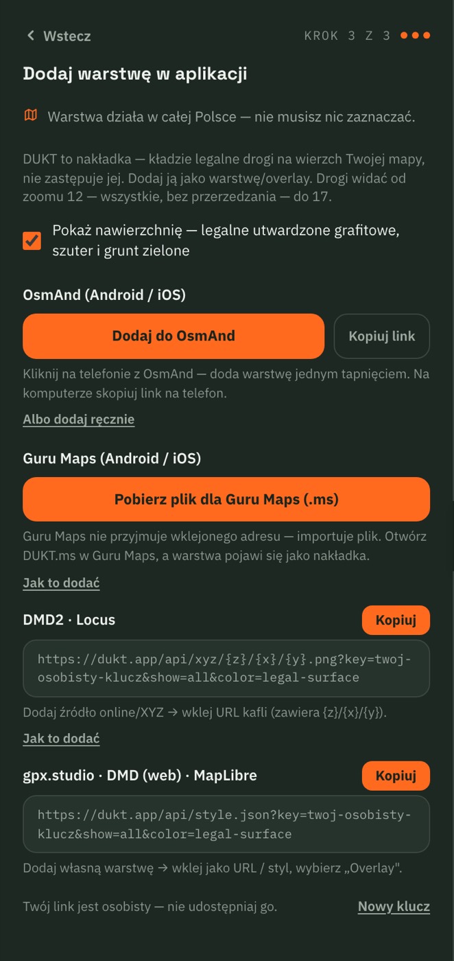 Krok 3 eksportu na żywo: przycisk Dodaj do OsmAnd, plik dla Guru Maps i adresy XYZ oraz style.json z przyciskami Kopiuj.