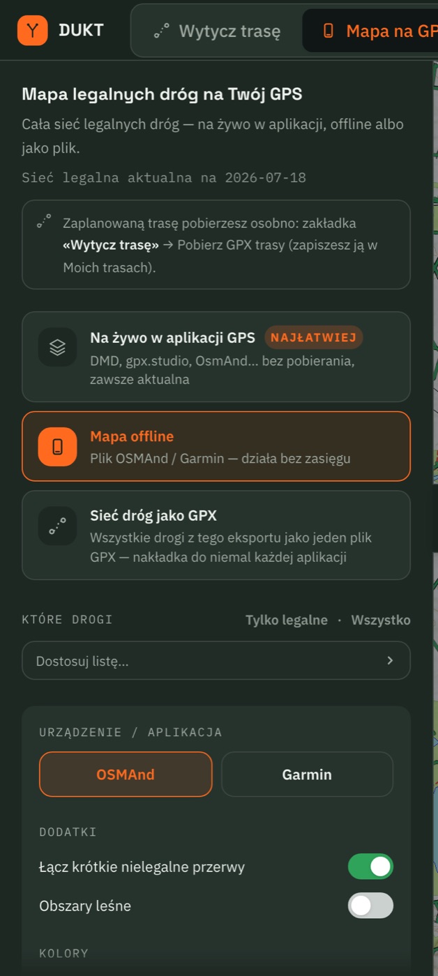 Panel Mapa offline: wybór urządzenia OSMAnd / Garmin, dodatki i przycisk budowania warstwy.