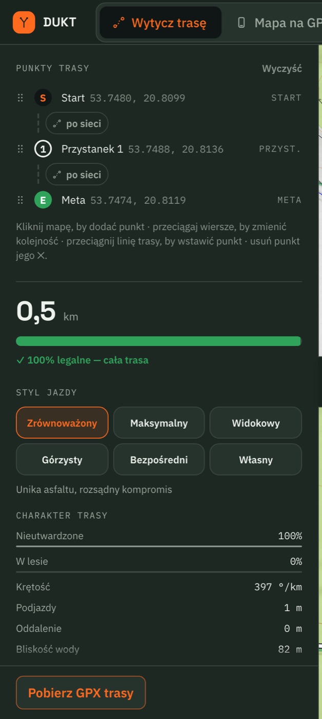 Panel trasy: pasek legalności, wybór stylu i mierniki charakteru trasy, przycisk Pobierz GPX.