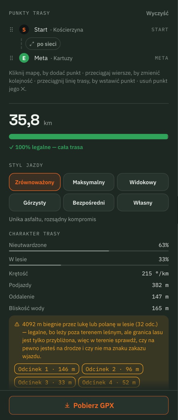 Panel trasy: pasek legalności, wybór stylu jazdy, charakter trasy i przycisk Pobierz GPX.