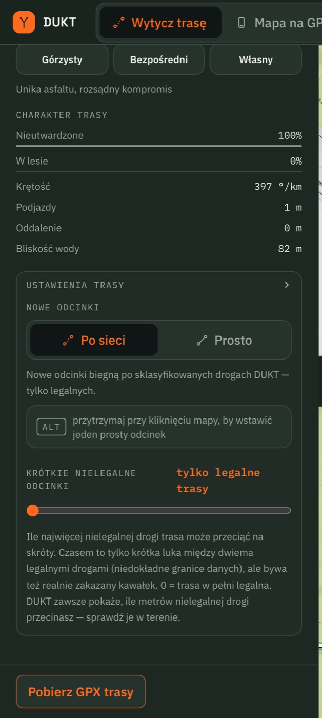 Sekcja USTAWIENIA TRASY z przełącznikiem NOWE ODCINKI: Po sieci / Prosto.